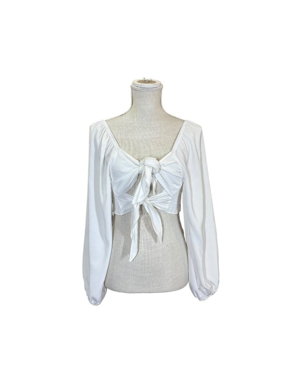Sabo White Long Puff Sleeve Front Tie Crop Top Small
